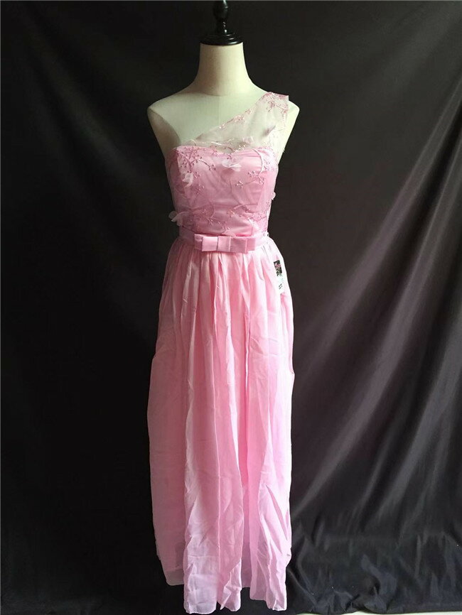 ピンク シングル肩 マキシ丈、ロング丈　ロングドレス　スカート 特価ドレス　在庫処分　返品不可 レディースドレス　パーティードレス