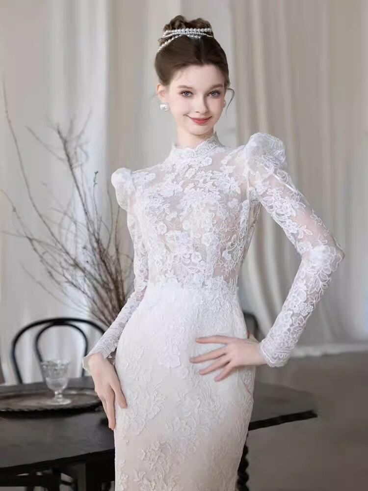 ホワイト　ウェディングドレス　レディース　総レース　長袖　背が露出　 ロング丈　ロングドレス ウェディングドレス 白　パーティードレス　二次会ドレス　ブライダル　撮影　XS/S/M/L/XL　レディース　マーメイド　ドレス 　エレガント　トレーン