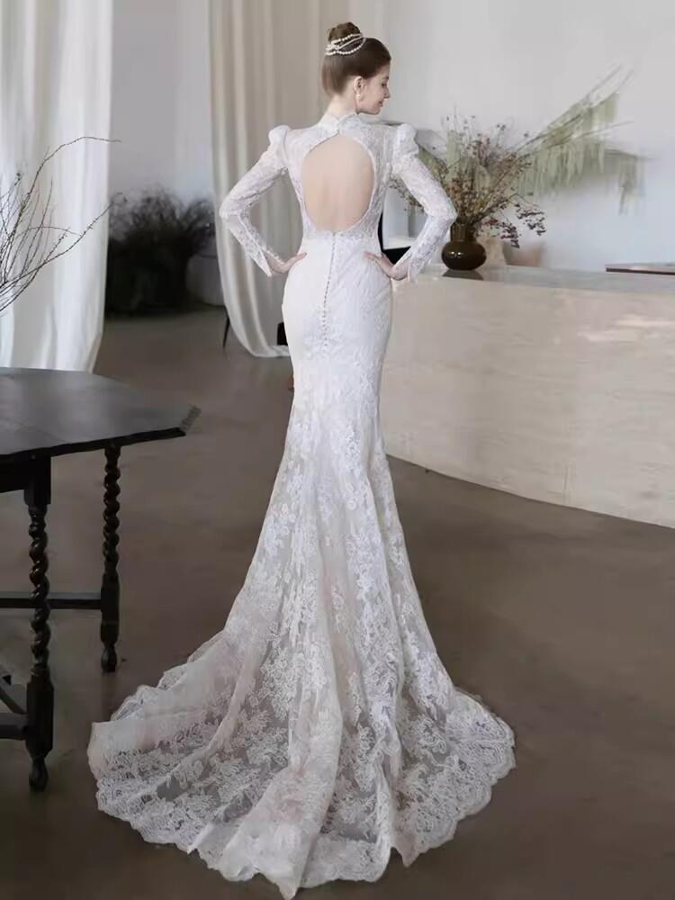 ホワイト　ウェディングドレス　レディース　総レース　長袖　背が露出　 ロング丈　ロングドレス ウェディングドレス 白　パーティードレス　二次会ドレス　ブライダル　撮影　XS/S/M/L/XL　レディース　マーメイド　ドレス 　エレガント　トレーン