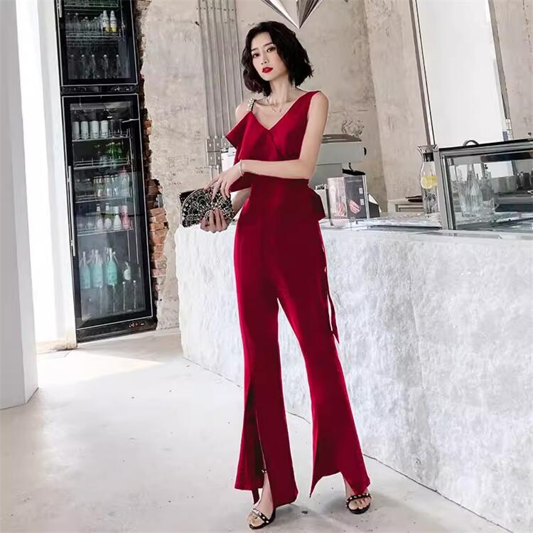 パーティードレス パンツドレス レッド ブラック ワイドパンツ テーパードパンツ 袖なし ビーズ飾り レディース フォーマル 上品 お呼ばれ 結婚式 入園式 入学式 大きいサイズ 体型カバー 春 夏 秋 冬 お呼ばれ