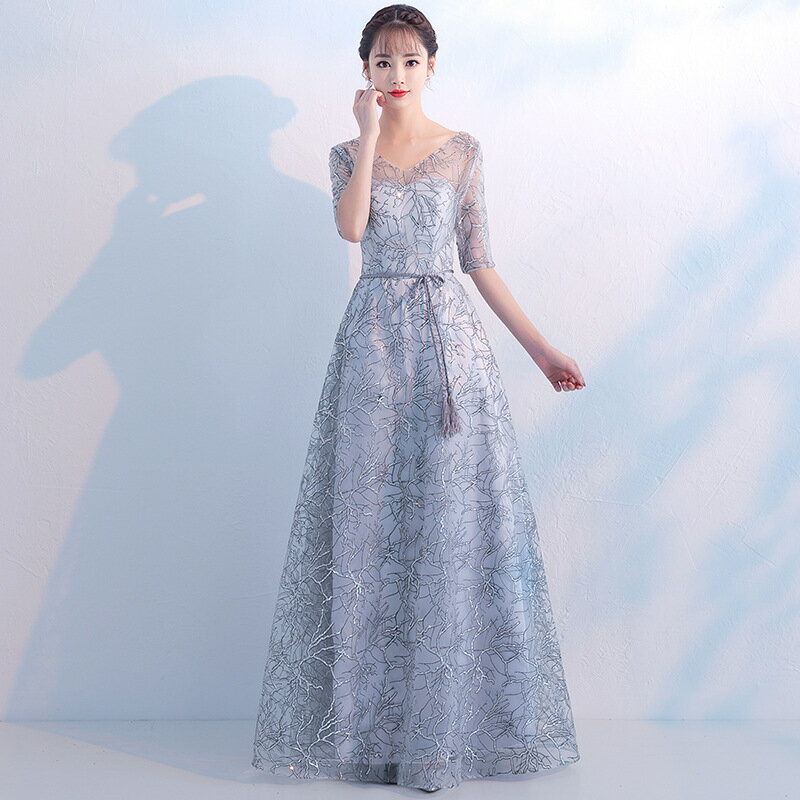 グレー 七分袖 ロングドレス　マキシ丈　ロング丈　ミモレ丈二次会ドレス フォーマルドレス　演出司会 お呼ばれ　忘年会 結婚式 ワンピース パーティードレス 大きいサイズ レース 成人式 同窓会 Aライン