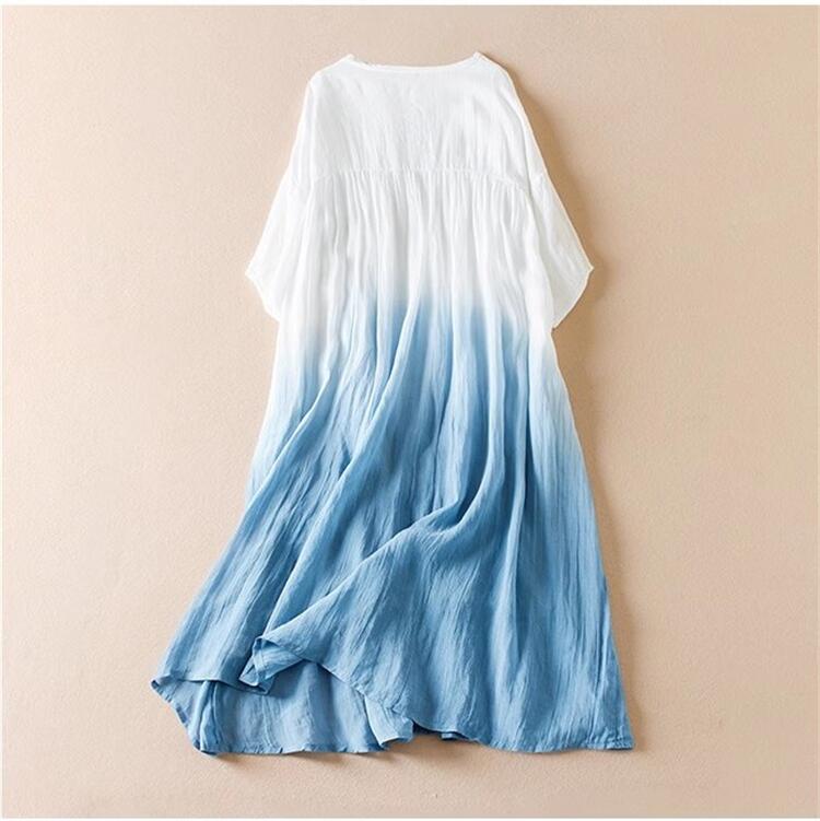 レディース　ワンピース　ミディアムワンピース 　グラデーション　　ミモレ丈　ミディアム丈　カジュアル　プリント　体型カバー 半袖　 きれいめ ロング 春夏 薄手 ワンピース シンプル 30代40代50代 送料無料 L XL 　丸襟　ゆったり　ブラウン　ピンク　ブルー