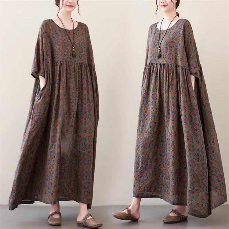 レディース ワンピース ロングワンピース ブラウン 花柄 プリント ロング丈 マキシ丈 カジュアル プリント 体型カバー 半袖 きれいめ ロング 春夏 薄手 ワンピース シンプル 30代40代50代 送料無料フリーサイズ 丸襟 ゆったり