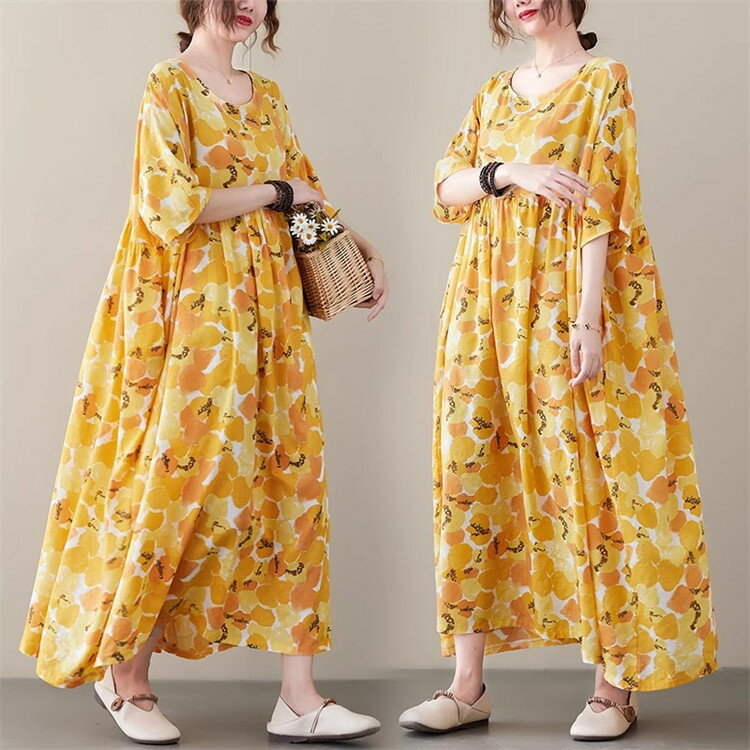 Rakuten - イエロー　レディース　ロングワンピース 　マキシ丈　ロング丈　カジュアル　プリント　体型カバー 夏 半袖 春 きれいめ 半袖 ロング 丸襟　丸首 春夏 薄手 ワンピース 柔らか シンプル 30代40代50代 送料無料フリーサイズ