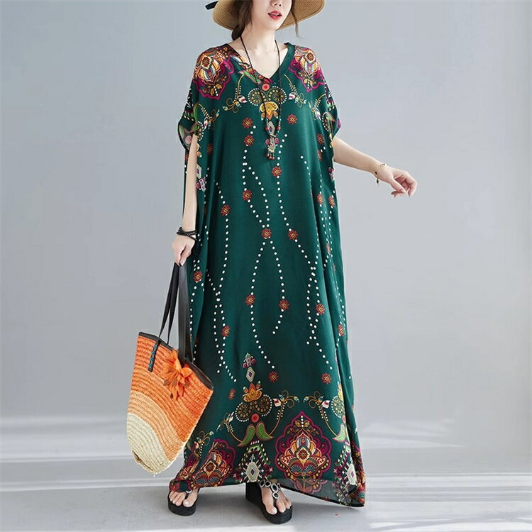 レディース ワンピース ブラック グリーン ロングワンピース マキシ丈 ロング丈 カジュアル プリント 花柄 体型カバー 夏 半袖 春 きれいめ 半袖 ロング vネック 春夏 薄手 ワンピース 柔らか シンプル 30代40代50代 送料無料フリーサイズ ボヘミアン風