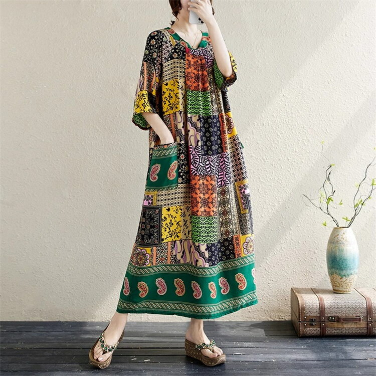 カラー　レディース　ロングワンピース 　マキシ丈　ロング丈　カジュアル　花柄　プリント　体型カバー 夏 七分袖 綿 春 きれいめ 半袖 ロング 丸襟　プリント 春夏 薄手 ワンピース 柔らか シンプル 30代40代50代 送料無料フリーサイズ Aライン