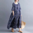 ネイビー レディース ロングワンピース マキシ丈 ロング丈 カジュアル ボヘミアン風 プリント 体型カバー 夏 七分袖 綿 春 きれいめ 半袖 ロング 丸襟 プリント 春夏 薄手 ワンピース 柔らか シンプル 30代40代50代 送料無料フリーサイズ Aライン
