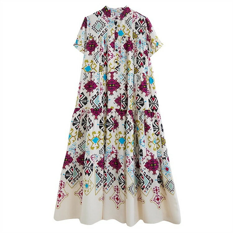 ホワイト　ブラック　レディース　ロングワンピース 　マキシ丈　ロング丈　カジュアル　花柄　プリント　体型カバー 夏 綿 きれいめ 半袖 ロング 立襟　シャツ風　プリント 春夏 薄手 ワンピース 柔らか シンプル 30代40代50代 送料無料フリーサイズ Aライン