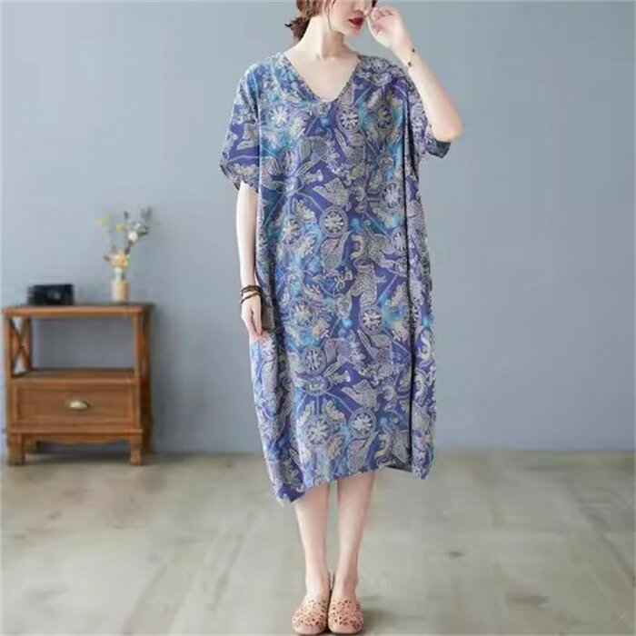 レディース　ロングワンピース 　パープル　ロング丈　カジュアル　プリント　切り替え　体型カバー 夏 半袖 春 きれいめ 半袖 ロング vネック 春夏 薄手 ワンピース 柔らか シンプル 30代40代50代 送料無料フリーサイズ