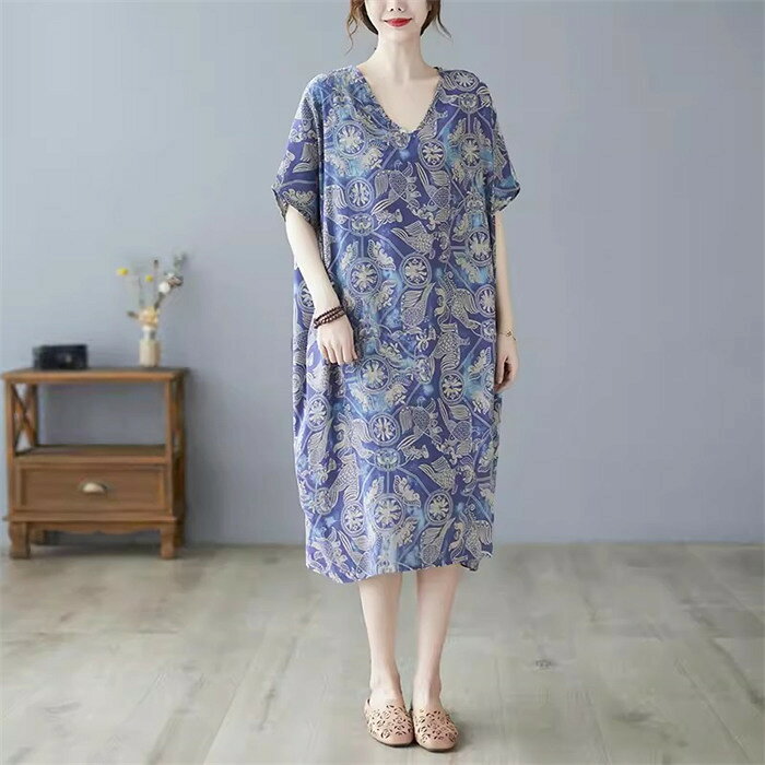 レディース　ロングワンピース 　パープル　ロング丈　カジュアル　プリント　切り替え　体型カバー 夏 半袖 春 きれいめ 半袖 ロング vネック 春夏 薄手 ワンピース 柔らか シンプル 30代40代50代 送料無料フリーサイズ