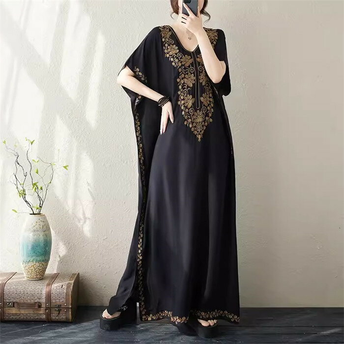 レディース ロングワンピース ブラック 刺繍 ボヘミアン風 マキシ丈 ロング丈 カジュアル プリント 体型カバー 半袖 春夏 きれいめ ロング 春夏 薄手 ワンピース 柔らか シンプル 30代40代50代 送料無料フリーサイズ vネック
