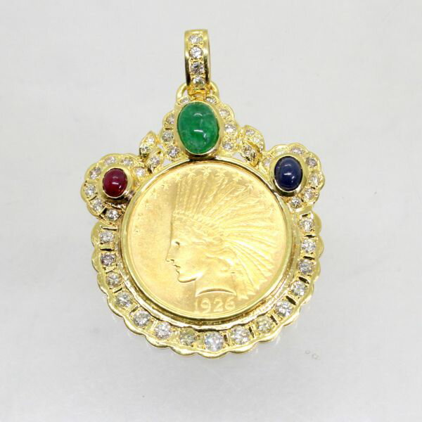 【中古】 18金枠 ダイヤ 2.75ct マルチカラーストーン インディアンコイン ペンダント