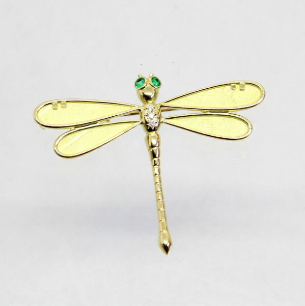 【中古】 18金 エメラルド,ダイヤ トンボデザイン ブローチ兼ペンダント