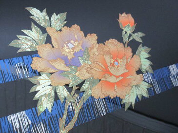 【未使用品】 高級漆器 長手盆 黒 花 手付き 伝統工芸 牡丹 吉祥 KINOSHITA KATSUKOU 螺鈿風 銀 木製 長角トレー盆 珈琲トレー コーヒートレイ