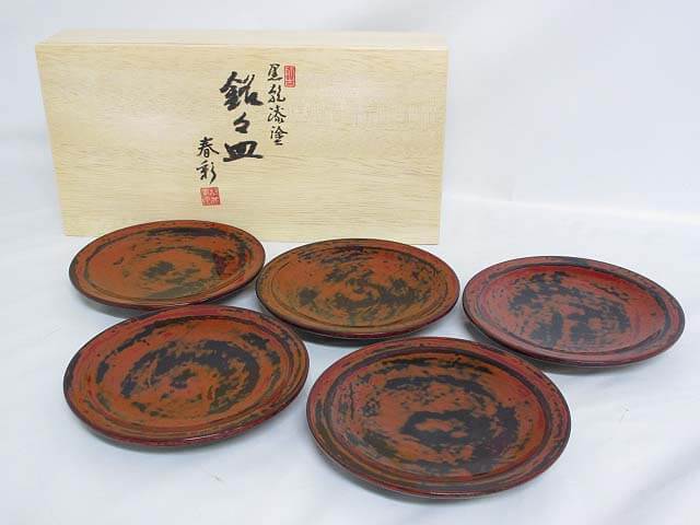 【未使用品】　春彩工房　銘々皿　5枚セット　桐箱付き　漆塗　　　　　　　菓子皿　茶道具　伝統工芸