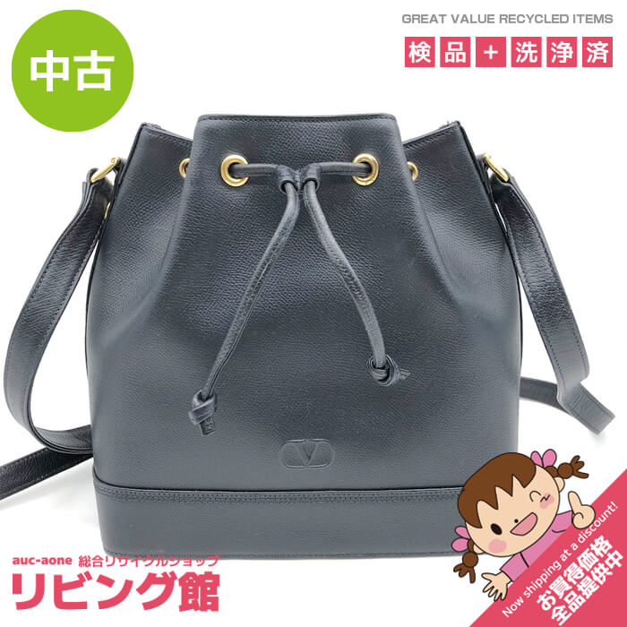Rakuten - 【中古】 ヴァレンティノ・ガラヴァーニ 巾着型バッグ 濃紺？ レザー フリンジチャーム付き VALENTINO GARAVANI バッグ ネイビー系 上品 鞄 かばん レディース ショルダーバッグ 中古
