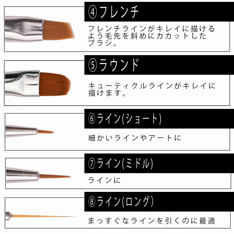 ネイルブラシ 筆 選べる筆先10タイプ(平筆 ラウンド フレンチ ライン)【ジェルネイル デコ ジェル ブラシ・筆】