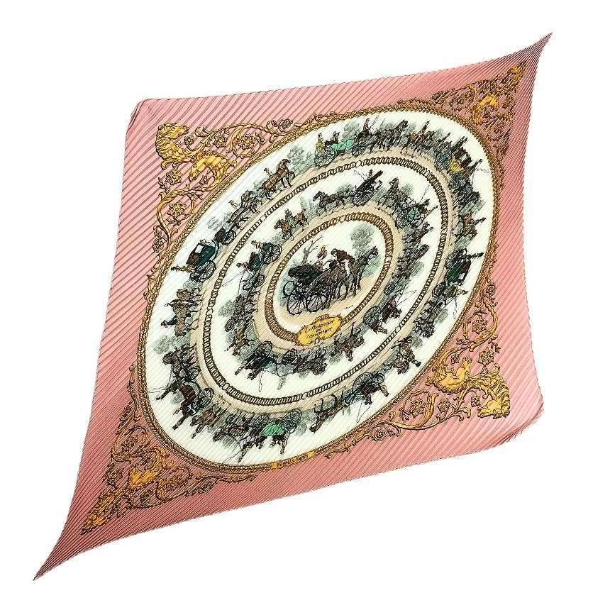 HERMES エルメス プリーツスカーフ カレ90 LA PROMENADE DE LONGCHAMPS ロンシャンへの散歩 シルク ピンク 【中古】 エルメス シルクスカーフ aq13455