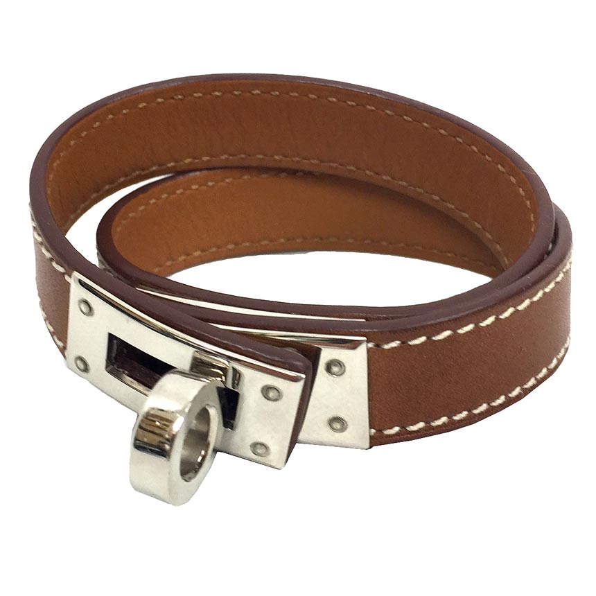 エルメス　HERMES　ケリー ブレスレット　XSサイズ　レザーブレスレット　キャメルブラウン×シルバー　アクセサリー【中古】エルメス　アクセサリー　ブレスレット 　aq7701のサムネイル