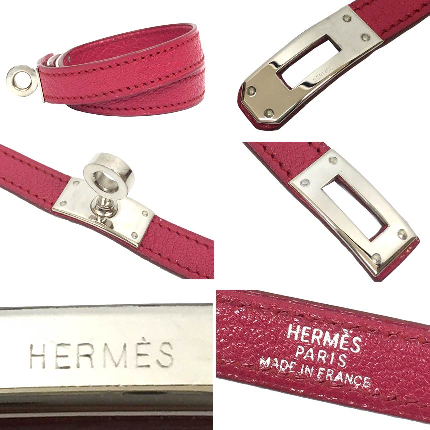 エルメス　HERMES　ケリー　チョーカー　ネックレス　ブレスレット　レザー　□のF刻（2002年製）　ローズピンク×シルバー金具【中古】エルメス　アクセサリー　aq8735 3