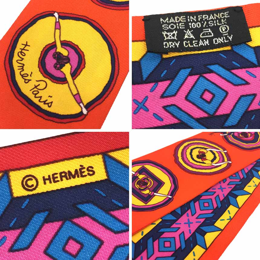 セール　レア物　希少　HERMES　エルメス　ツイリー スカーフ　Balles du mexique 美しいメキシコ　メキシカンダンス　Twilly Scarf　オレンジ　シルク100％【美品】【中古】エルメス　シルクスカーフ aq8967
