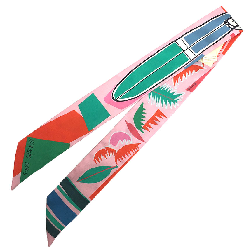 HERMES　エルメス　ツイリー スカーフ　Twilly Scarf　Sea Surf and Fun　海とサーフとファン　H063161S 07　タイスカーフ　シルク100％　ピンク系　ROSE/VERMILLON【新古品】【未使用品】【中古】エルメス　シルクスカーフ aq9148