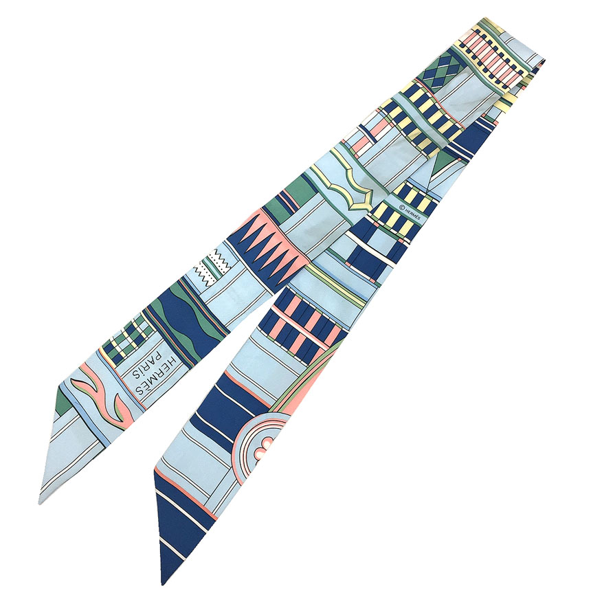 HERMES　エルメス　ツイリー スカーフ　VOLTES ET PIROUETTES　ヴォルト エ ピルエット　Twilly Scarf　ライトブルー系　シルク100％【中古】エルメス　シルクスカーフ aq9703 1