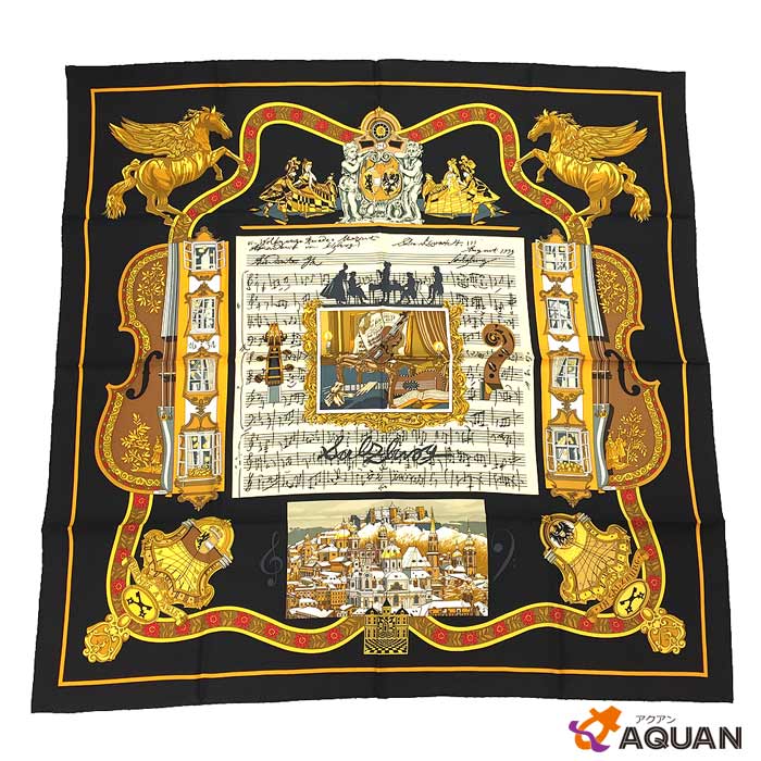 HERMES　エルメス　スカーフ　カレ90　IN SALZBURG　ザルツブルグにて　ブラック×イエロー系　シルク100％【新古品】【未使用品】【中古】エルメス　シルクスカーフ aq2725のサムネイル