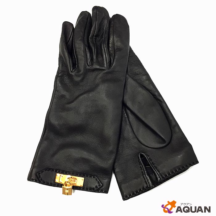 スーパーSALEHERMES　エルメス　手袋 ケリー グローブ　オマージュ　#8　黒　ブラック　ラムスキン　ゴールド金具　レディース【美品】【中古】エルメス　服飾小物　レディースaq3240のサムネイル