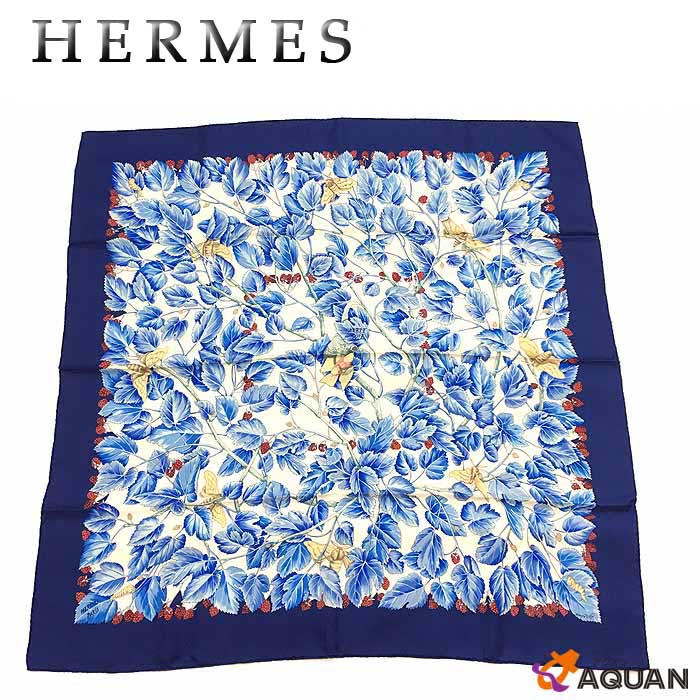 レア物！希少品！HERMES　エルメス　カレ90 スカーフ　L’ARBRE de SOIE　絹の木　ブルー系　シルク100％　保存箱付き【美品】【中古】aq7139