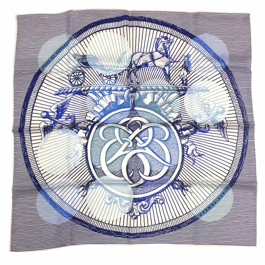 レア物！希少品！HERMES　エルメス　スカーフ　カレ70　CARRE VINTAGE 　SUITE ET POURSUITE　追いかけっこ　シルク100％　ブルー系　MARINE/BLANC/CIEL【未使用】【新古品】【中古】エルメス　スカーフ aq7708のサムネイル