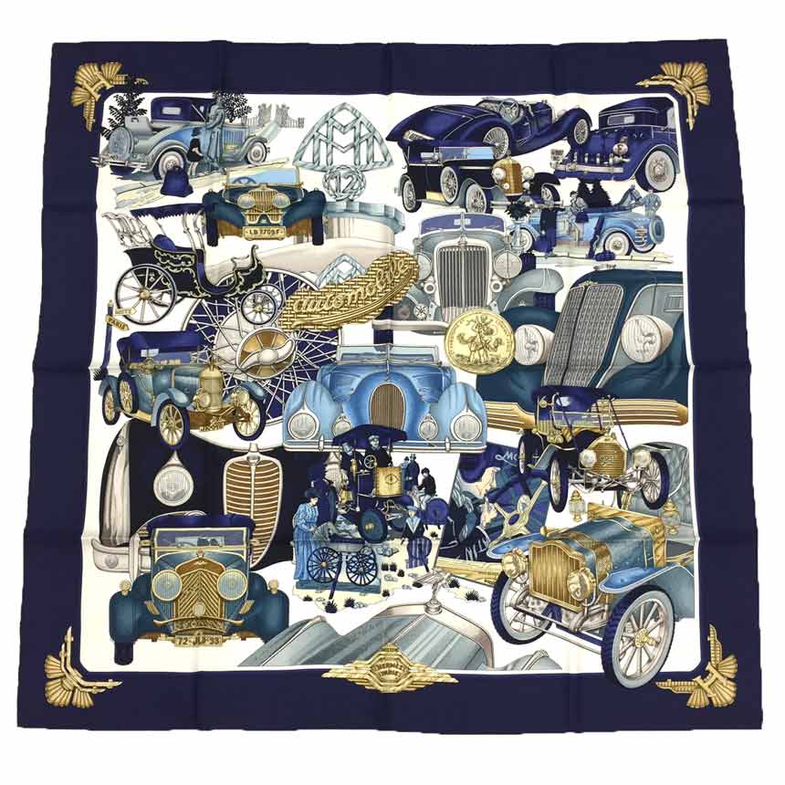 HERMES　エルメス　カレ90　スカーフ　automobile　オートモービル　車　ネイビー　シルク100％【新古品】【美品】【中古】エルメス　シルクスカーフ　aq8983のサムネイル