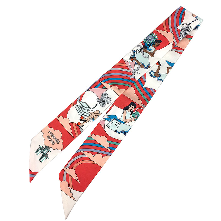 HERMES　エルメス　ツイリー スカーフ　CARRES VOLANTS　空飛ぶカレ　2022年春夏　Twilly Scarf　グレナディン (レッド) / グリス (グレー) / ブルー　シルク100％【新品】【中古】エルメス　シルクスカーフ　aq9062