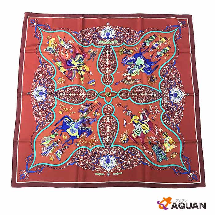 レア物　希少HERMES　エルメススカーフ　カレ90POEIE PERSANE　ペルシャの詩シルク100％　ボルドー系【中古】エルメス　シルクスカーフ　カレ90　aq8958のサムネイル