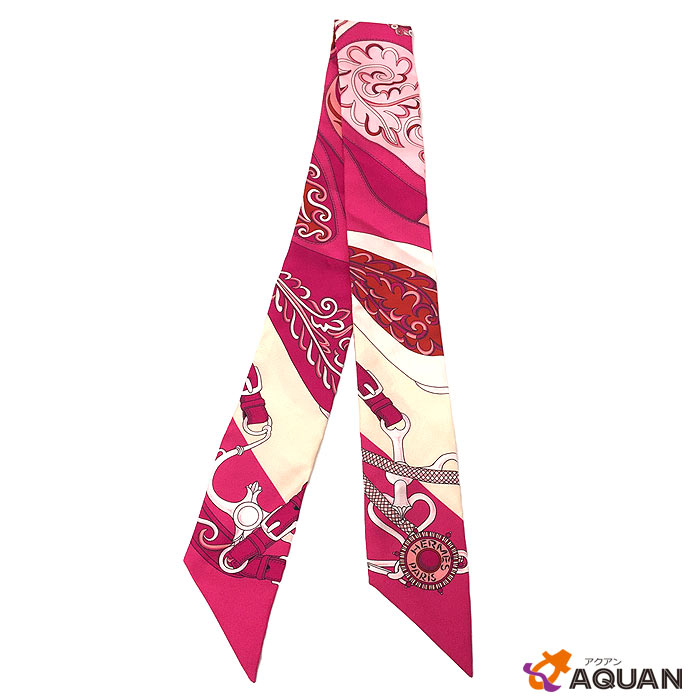 HERMES　エルメスツイリー スカーフFestival des Amazones　アマゾンの祭典Twilly Scarfフューシャピンク系　シルク100％レディース　女性　【中古】エルメス　シルクスカーフ aq2650のサムネイル