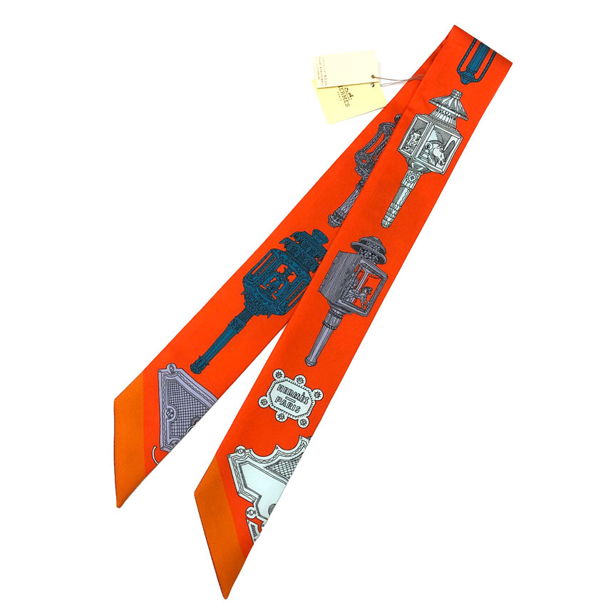 マフラー・スカーフ, ツイリースカーフ HERMES Twilly Scarf Merveilleuses Lanternes 2017 ORANGE COBALTGRI 100 aq5185
