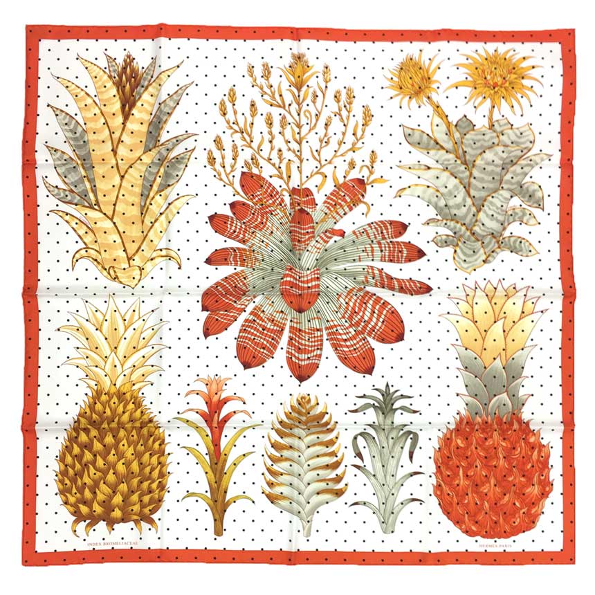 セール HERMES エルメス スカーフ カレ90 シルク100% ブロメリアの目録 Index Bromeliaceae ドット 2022春夏 アイボリー×オレンジ【新古品】【未使用品】【中古】エルメス シルクスカーフ aq9081