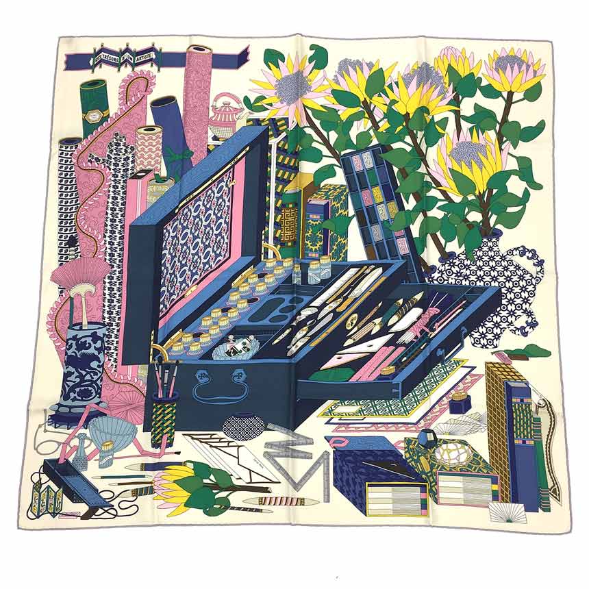 セール レア物!希少品!HERMES エルメス カレ90 スカーフ LES TRESORS D'UN ARTISTE ある画家の宝物 白系 シルク 箱付き【新古品】【美品】【中古】aq9564
