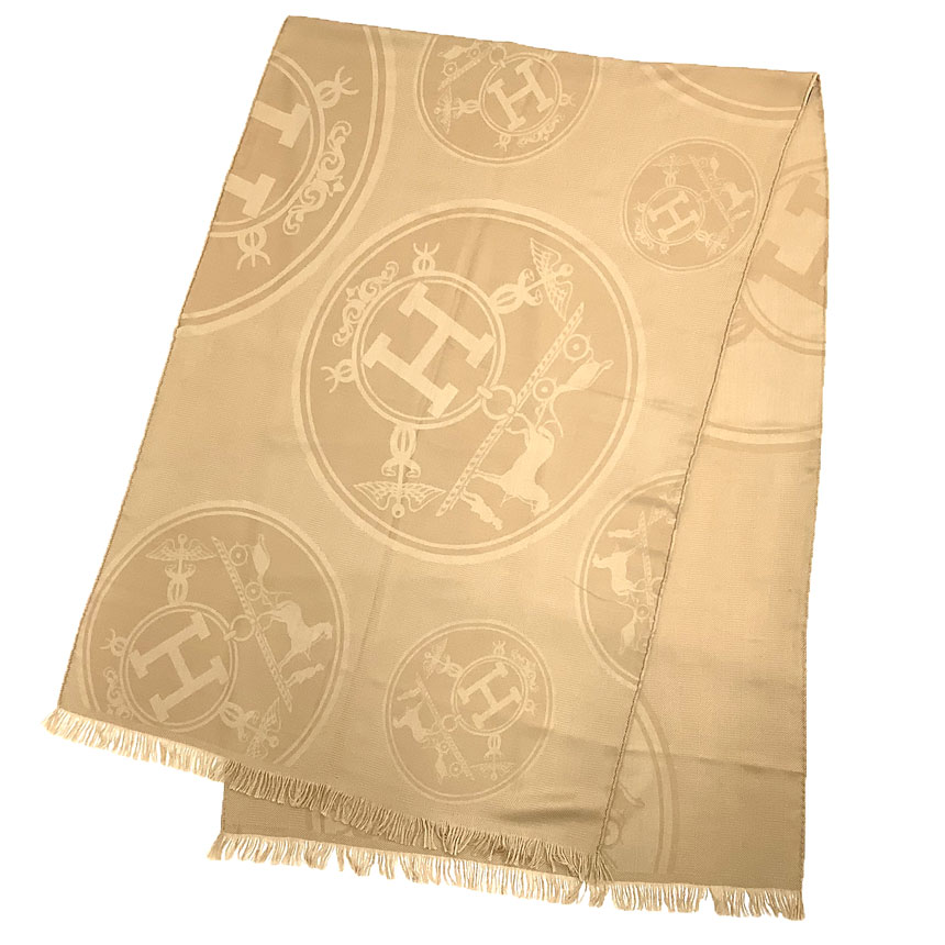 HERMES　エルメス　ストール　ETOLE NEW LIBRIS　エトール ニュー リブリス 大判 ショール カシミヤ シルク カシシル　 Hロゴ　馬車　キャメルブラウン【美品】【中古】エルメス　ストール　aq12091のサムネイル