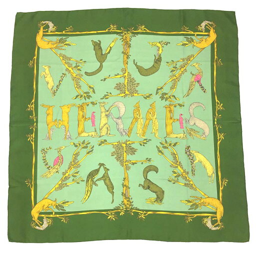 レア物 希少 HERMES エルメス カレ90 スカーフ ANIMAL ALPHABET 動物アルファベット 森の動物 カーキグリーン系【中古】エルメス シルクスカーフ aq11523 レア物 希少 HERMES エルメス カレ90 スカーフ ANIMAL ALPHABET 動物アルファベット 森の動物 カーキグリーン系【中古】エルメス シルクスカーフ aq11523