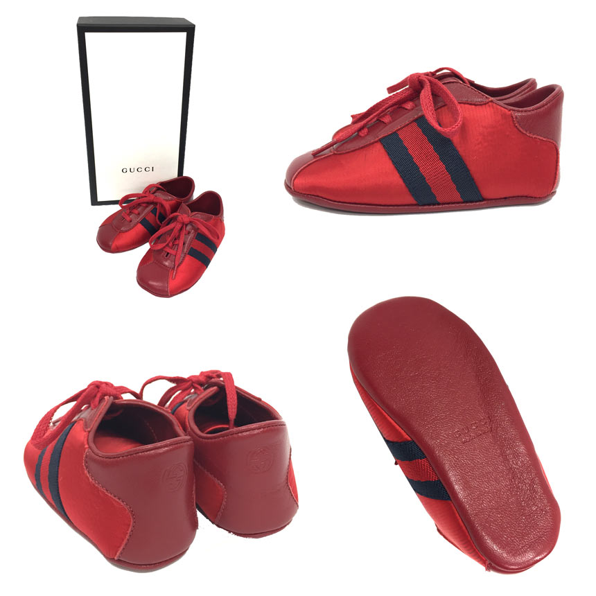 セール　GUCCI　グッチ　ベビーシューズ　ファーストシューズ　サイズ19 　12cm相当　レザー×ナイロンキャンバス　レッド【未使用】【新古品】【中古】グッチ　シューズ　ベビー　インテリア　aq6471
