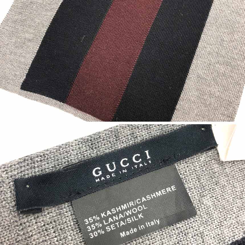 セール　GUCCI　グッチ　マフラー　シェリーライン　マフラー　カシミヤ混　グレー×ネイビー×ボルドー【中古】グッチ　服飾小物　aq7159