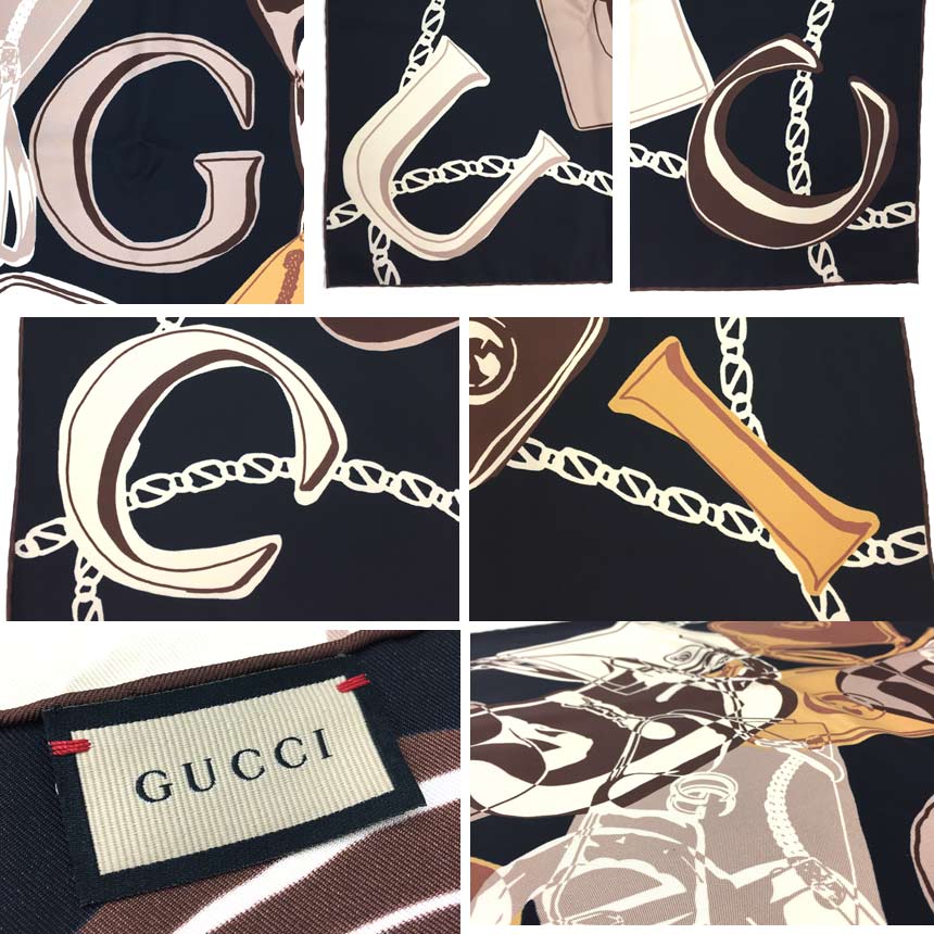 セール　GUCCI　グッチ　スカーフ　723139　大判　カレ　シルク100％　バッグ　ロゴ　ネイビー【美品】【中古】グッチ　スカーフ　aq9067