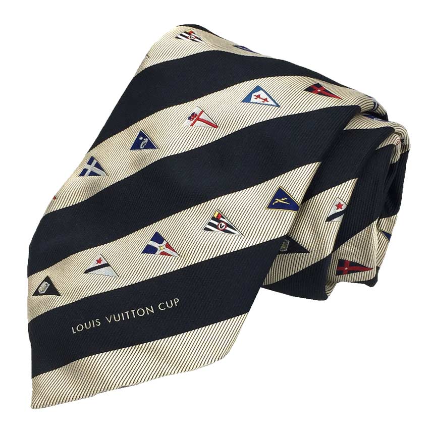 LOUIS　VUITTON　LOUIS VUITTON CUP ルイヴィトンカップ　ネクタイ　ストライプ　フラッグ　旗　ネイビー×シャンパン レア物　シルク100％　箱付き　メンズ　ビジネスアイテム【新古品】【未使用】【中古】aq9823