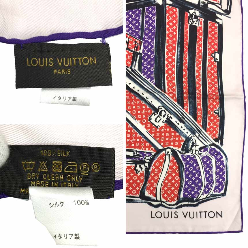 レア物　希少品【送料無料】【送料込】ルイヴィトン　LOUIS　VUITTON　カレ・トランク　スカーフ　モノグラム　トラベルバッグ柄　シルク100％　ピンク×レッド×パープル系　【新古品】【美品】【中古】ルイヴィトン　スカーフ　aq4403