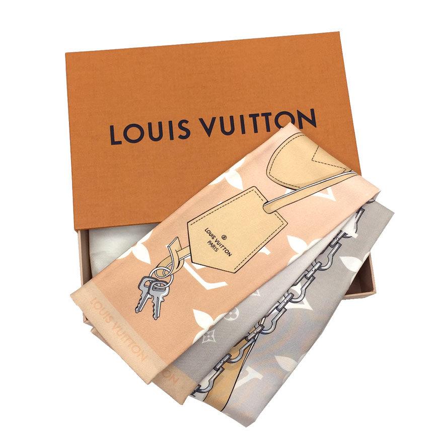 ルイヴィトン　LOUIS　VUITTON　バンドー・モノグラムプール　M76778 　ブリューム(ピンクベージュ×ライトグレー)　タイスカーフ　リボンスカーフ　シルク100％　保存箱付き【未使用品】【新古品】【中古】ルイヴィトン　スカーフ　aq4887