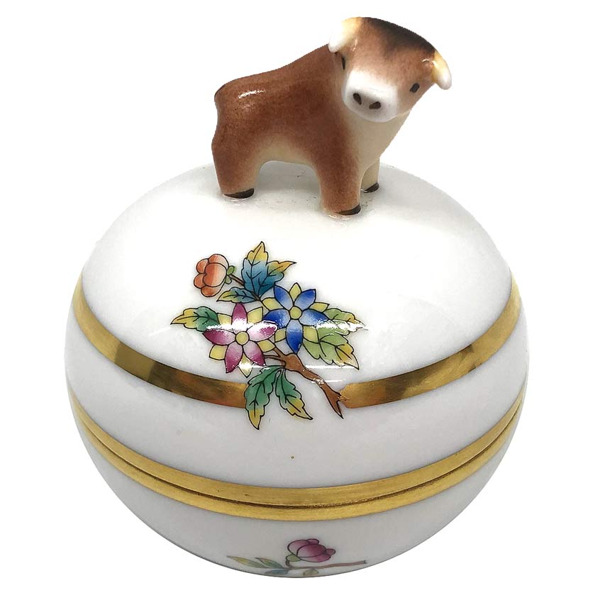 Herend ヘレンド ヴィクトリア・ゴールド 干支小筺 うし マルボンボン 蓋つきケース アクセサリー入れ ..