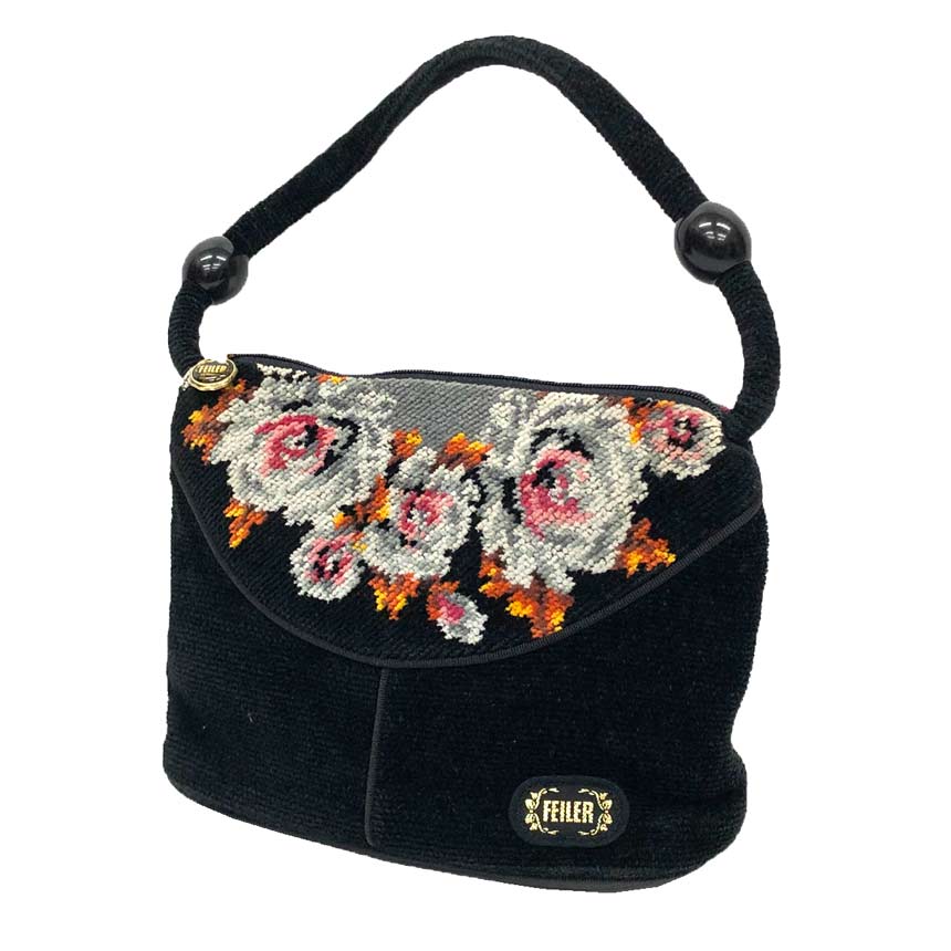 FEILER　フェイラー　バラ　ハンドバッグ　ミニバッグ　シュニール織　ブラック　レディース【中古】FEILER　バッグ　aq12067のサムネイル