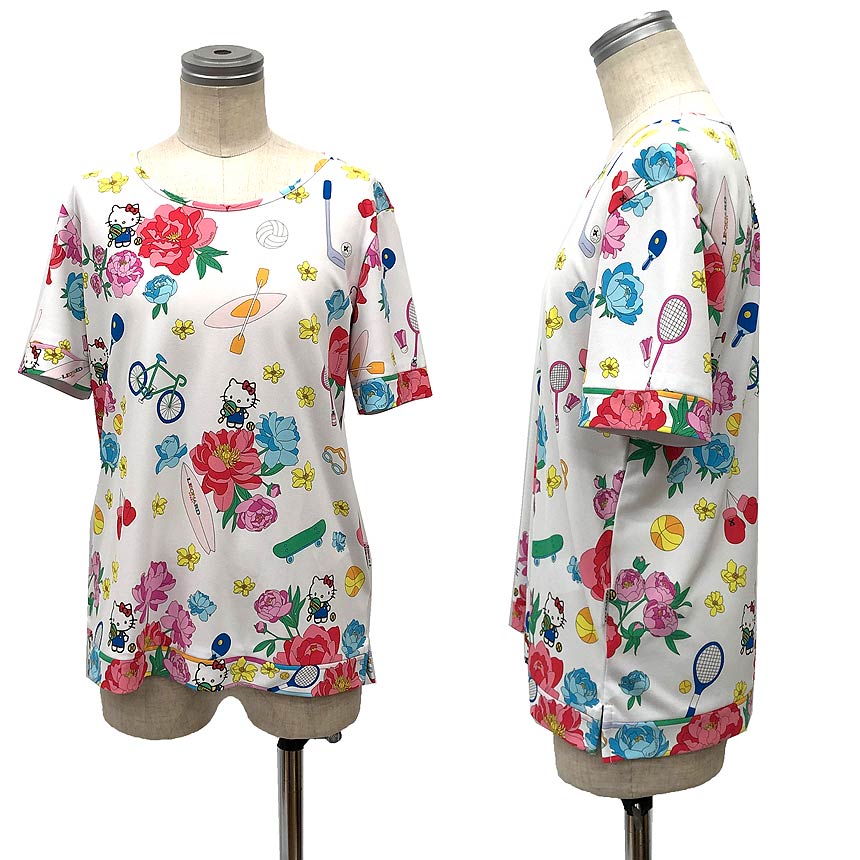 ゆうパケット発送　送料無料　LEONARD SPORTS　レオナール スポーツ　ハローキティコラボ　半袖　カットソー　Tシャツ　38サイズ　サンリオ　キティちゃん　キティ　レディース　【新古品】【美品】【中古】LEONARD SPORTS　トップス aq12011(4)