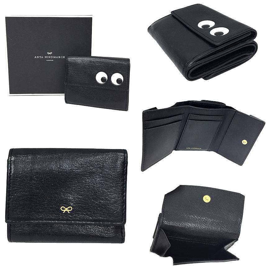ANYA　HINDMARCH　アニヤハインドマーチ　MINI TRIFOLD EYES IN BLACK CAPRA　142670　ミニ財布　折財布　Eyes Mini Trifold 　ブラック　黒【中古】アニヤハインドマーチ　財布 aq11250